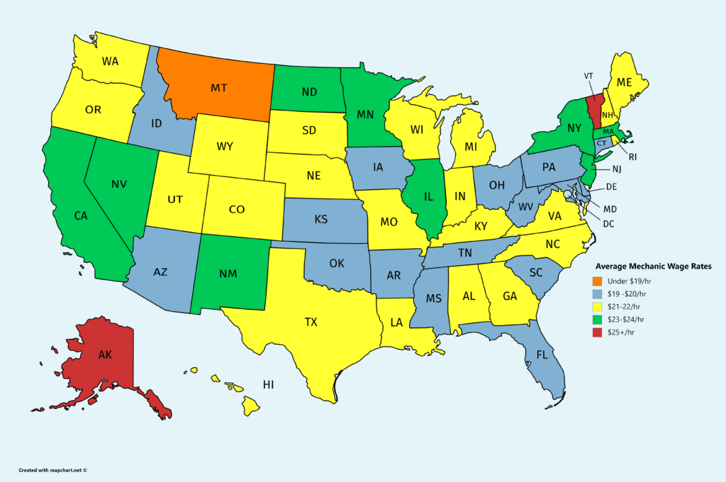 Ma of the USA with average ,mechanic pay rates listed state by state